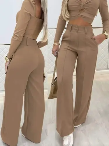 Women's Long Sleeve Low Cut Imported Crepe Blouse and Pants Set - 1