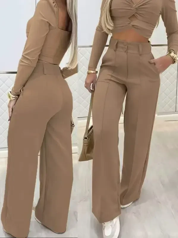 Women's Long Sleeve Low Cut Imported Crepe Blouse and Pants Set - BÜYÜKBEDENIZ