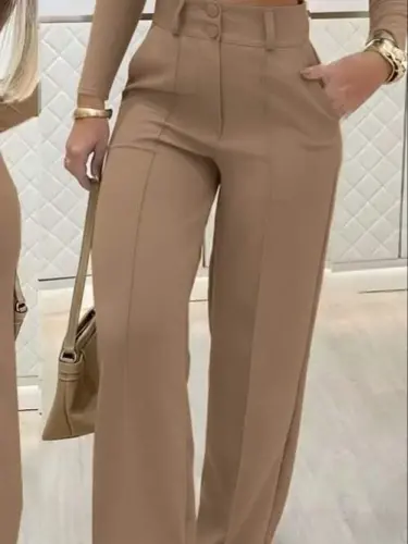 Women's Long Sleeve Low Cut Imported Crepe Blouse and Pants Set - 3