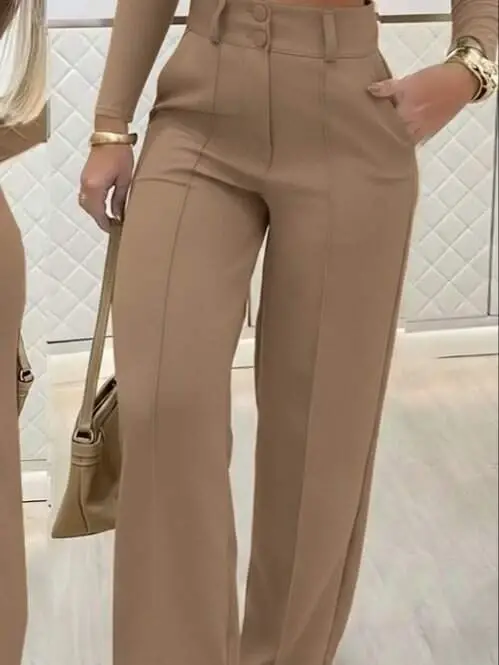 Women's Long Sleeve Low Cut Imported Crepe Blouse and Pants Set - 3