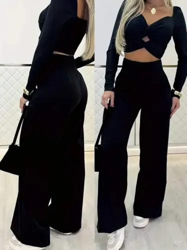 Women's Long Sleeve Low Cut Imported Crepe Blouse and Pants Set - 1