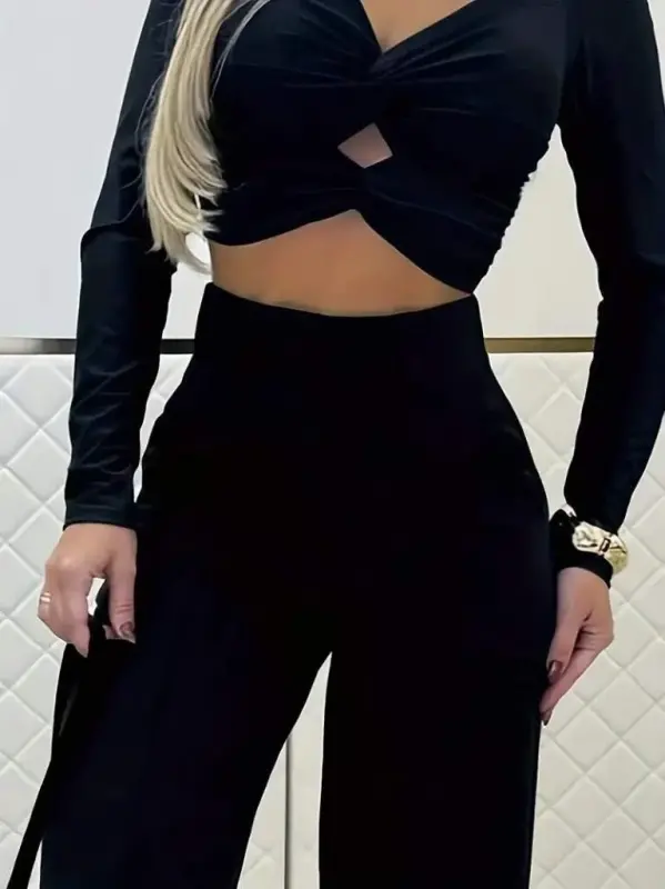 Women's Long Sleeve Low Cut Imported Crepe Blouse and Pants Set - 2