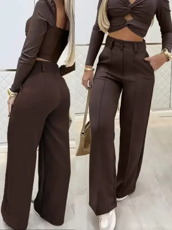 Women's Long Sleeve Low Cut Imported Crepe Blouse and Pants Set - BÜYÜKBEDENIZ