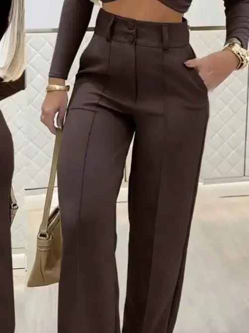 Women's Long Sleeve Low Cut Imported Crepe Blouse and Pants Set - 3