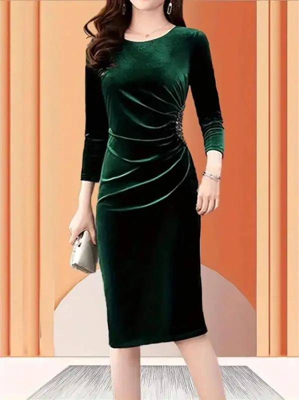Women's Long Sleeve Low-Cut Ruched Side Stone Detailed Midi Velvet Dress - 5