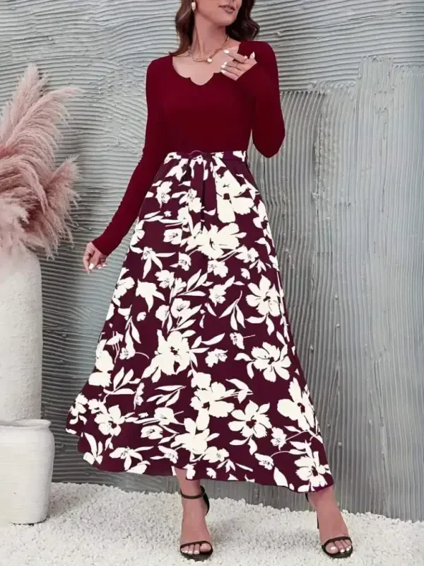 Women's Long Sleeve Low Cut Top Corset Belted Bottom Floral Print Scuba Dress - BÜYÜKBEDENIZ