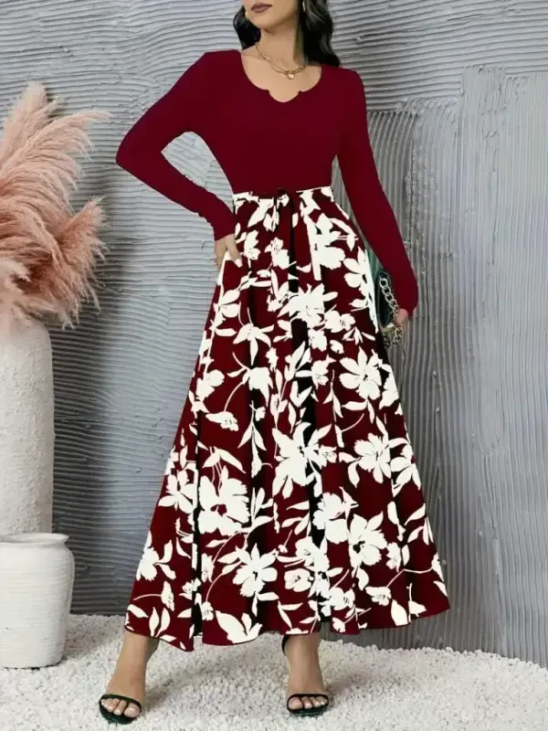 Women's Long Sleeve Low Cut Top Corset Belted Bottom Floral Print Scuba Dress - 2