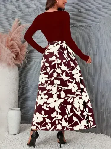 Women's Long Sleeve Low Cut Top Corset Belted Bottom Floral Print Scuba Dress - 4