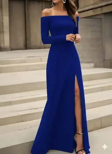 Women's Long Sleeve Madonna Collar Slit Detailed Long Imported Crepe Dress - 1