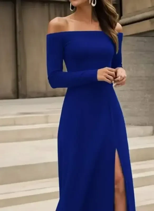 Women's Long Sleeve Madonna Collar Slit Detailed Long Imported Crepe Dress - 2