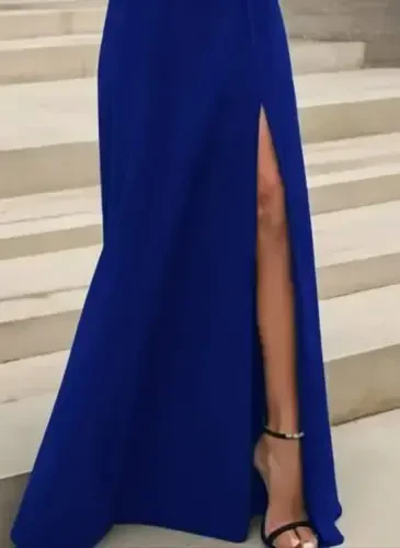 Women's Long Sleeve Madonna Collar Slit Detailed Long Imported Crepe Dress - 3