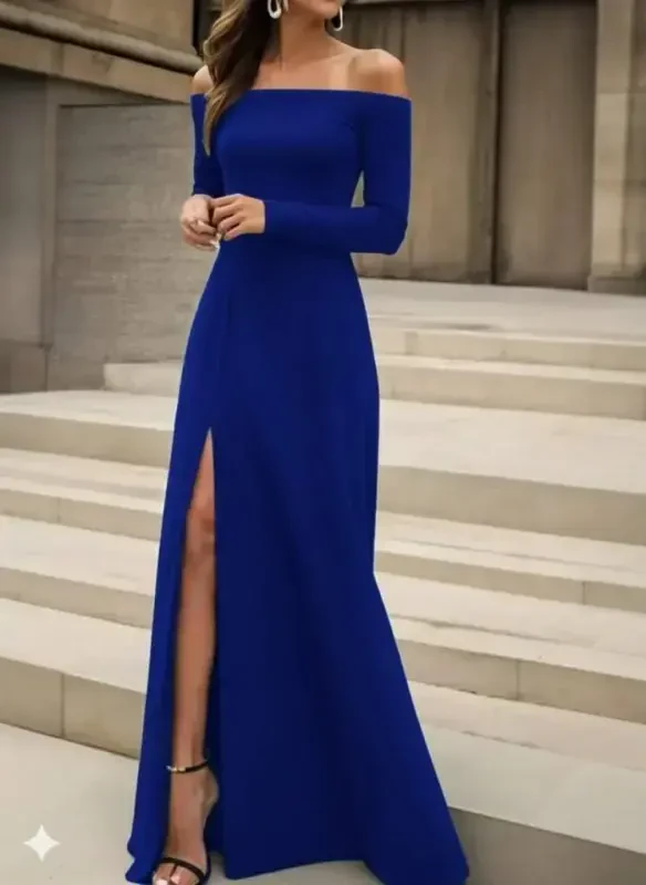 Women's Long Sleeve Madonna Collar Slit Detailed Long Imported Crepe Dress - 4