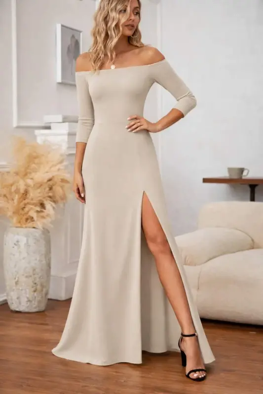 Women's Long Sleeve Madonna Collar Slit Detailed Long Imported Crepe Dress - 2