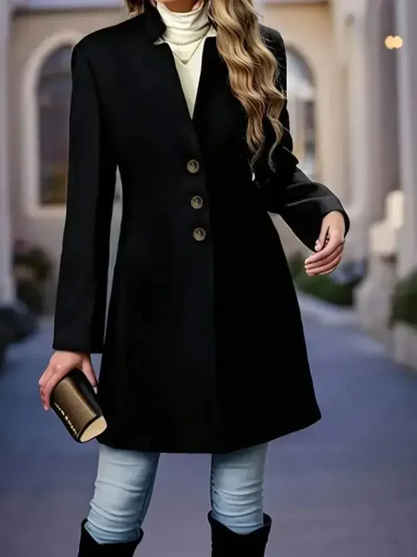 Women's Long Sleeve Mandarin Collar Button-Down Imported Wool-Blend Unlined Short Coat - BÜYÜKBEDENIZ