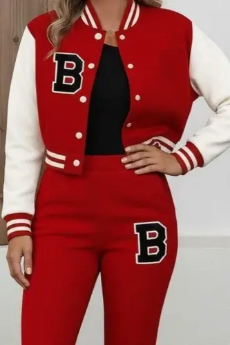 Women's Long Sleeve Mandarin Collar Button-Front Jacket Pants Fleece-Lined Two Thread Two-Piece Set - 2