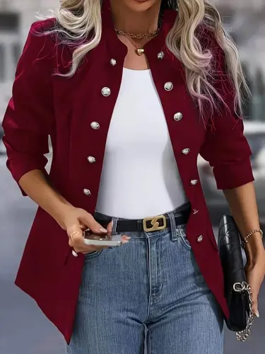 Women's Long Sleeve Mandarin Collar Button-Front Short Satin Jacket - BÜYÜKBEDENIZ (1)