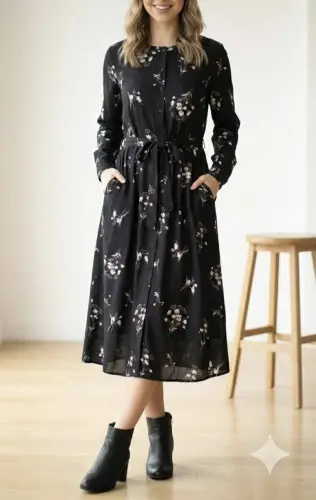 Women's Long Sleeve Mandarin Collar Buttoned Belted Patterned Maxi Micro Interlock Dress - 4