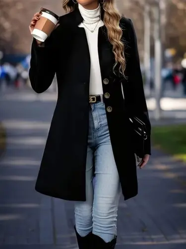 Women's Long Sleeve Mandarin Collar Front Buttoned Imported Wool Coat Unlined Short Coat - BÜYÜKBEDENIZ (1)