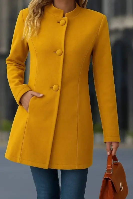 Women's Long Sleeve Mandarin Collar Front Buttoned Pocket Detailed Short Wool Coat - 2