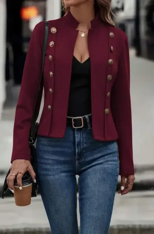 Women's Long Sleeve Mandarin Collar Side Buttoned Short Suede Jacket - BÜYÜKBEDENIZ