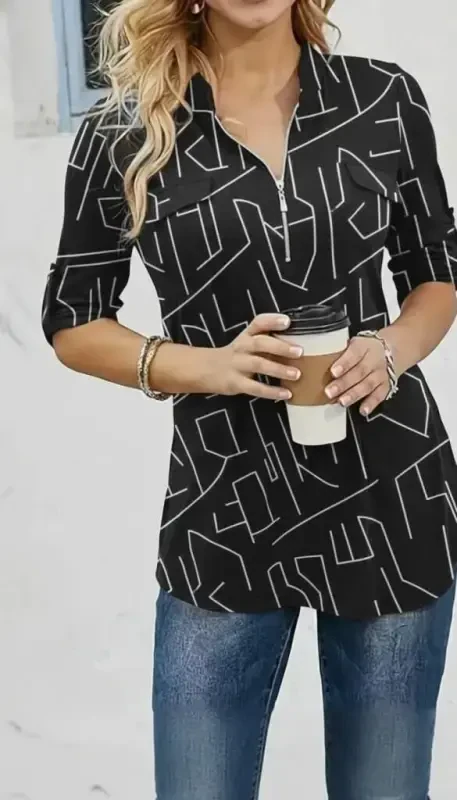 Women's Long Sleeve Mandarin Collar Zip-Up Geometric Patterned Supreme Blouse - BÜYÜKBEDENIZ
