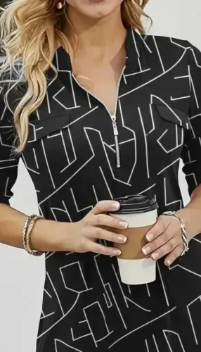 Women's Long Sleeve Mandarin Collar Zip-Up Geometric Patterned Supreme Blouse - BÜYÜKBEDENIZ (1)