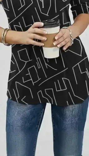 Women's Long Sleeve Mandarin Collar Zip-Up Geometric Patterned Supreme Blouse - 3