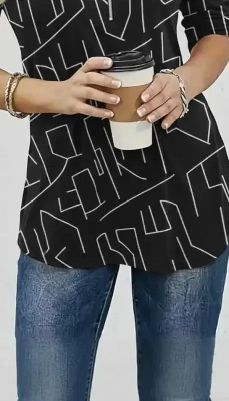 Women's Long Sleeve Mandarin Collar Zip-Up Geometric Patterned Supreme Blouse - 3