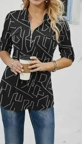 Women's Long Sleeve Mandarin Collar Zip-Up Geometric Patterned Supreme Blouse - 4