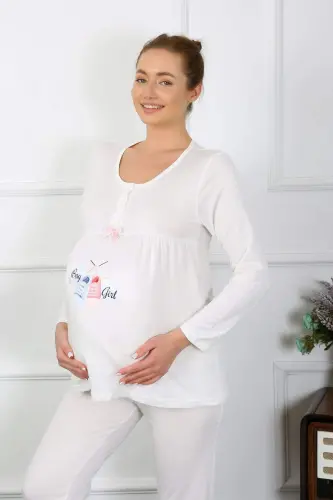 Women's Long Sleeve Maternity Nursing Pajama Set Ecru 45501 - 4