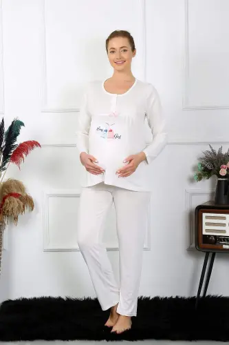Women's Long Sleeve Maternity Nursing Pajama Set Ecru 45501 - 6