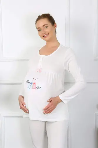 Women's Long Sleeve Maternity Nursing Pajama Set Ecru 45501 - 8