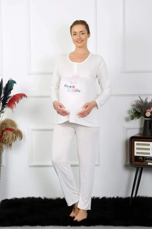 Women's Long Sleeve Maternity Nursing Pajama Set Ecru 45501 - 12