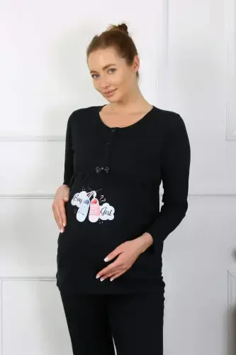 Women's Long Sleeve Maternity Postpartum Pajama Set Black 45501 - BÜYÜKBEDENIZ (1)