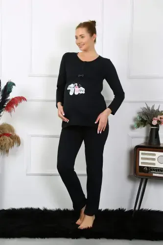 Women's Long Sleeve Maternity Postpartum Pajama Set Black 45501 - 5