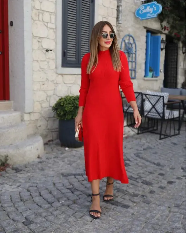 Women's Long Sleeve Mock Neck Back Cut Out Detail Lace Up Midi Knitted Dress - 2