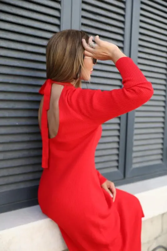 Women's Long Sleeve Mock Neck Back Cut Out Detail Lace Up Midi Knitted Dress - 3