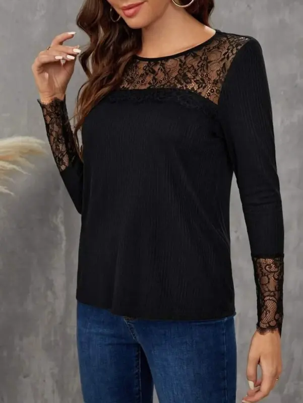Women's Long Sleeve Mock Neck Lace Detailed Cable Knit Blouse - 1