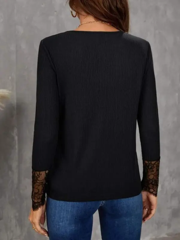 Women's Long Sleeve Mock Neck Lace Detailed Cable Knit Blouse - 2