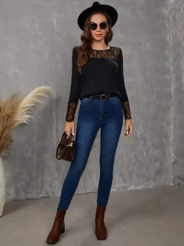 Women's Long Sleeve Mock Neck Lace Detailed Cable Knit Blouse - 3