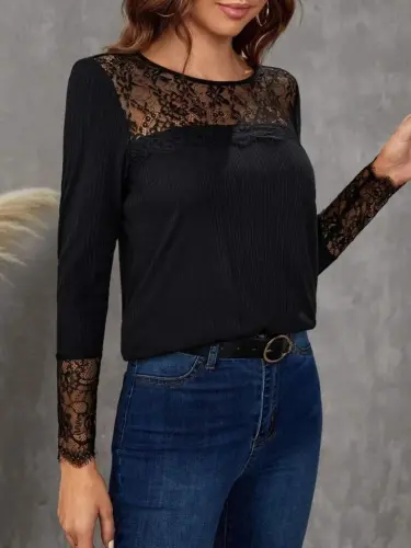 Women's Long Sleeve Mock Neck Lace Detailed Cable Knit Blouse - 4