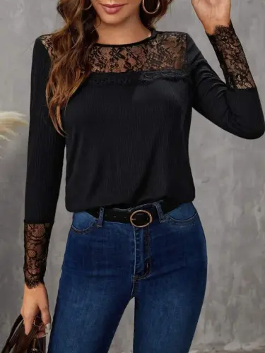 Women's Long Sleeve Mock Neck Lace Detailed Cable Knit Blouse - 6