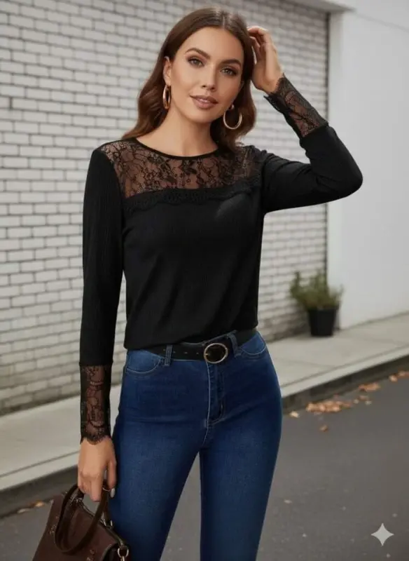 Women's Long Sleeve Mock Neck Lace Detailed Cable Knit Blouse - 2