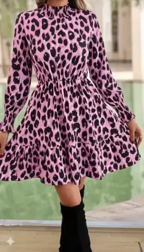Women's Long Sleeve Mock Neck Leopard Print Modal Mini Dress - 4