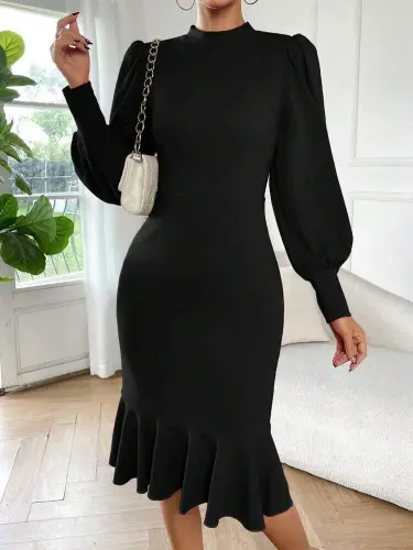 Women's Long Sleeve Mock Neck Ruffle Hem Detail Midi Imported Crepe Dress - 3
