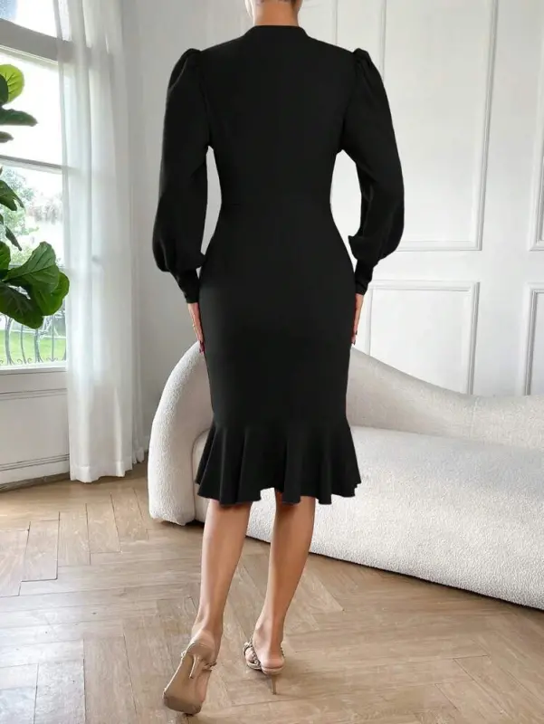 Women's Long Sleeve Mock Neck Ruffle Hem Detail Midi Imported Crepe Dress - 2