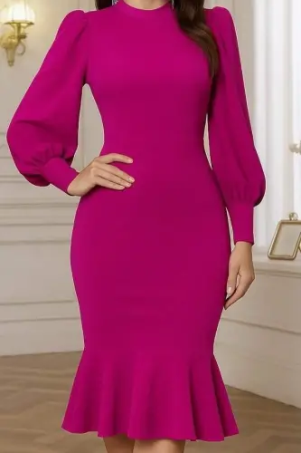 Women's Long Sleeve Mock Neck Ruffle Hem Detail Midi Imported Crepe Dress - 2