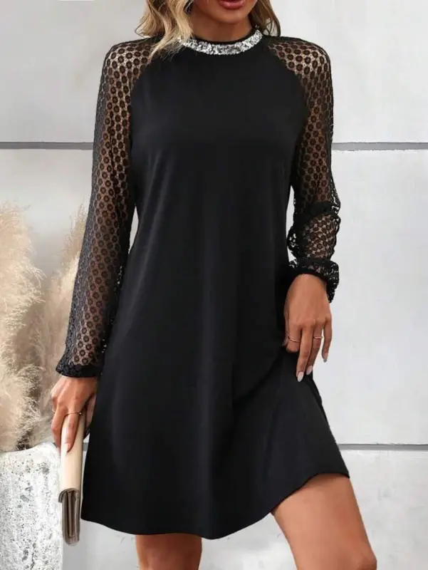 Women's Long Sleeve Mock Neck Sequin Detailed Lace Sleeve Mini Imported Crepe Dress - BÜYÜKBEDENIZ