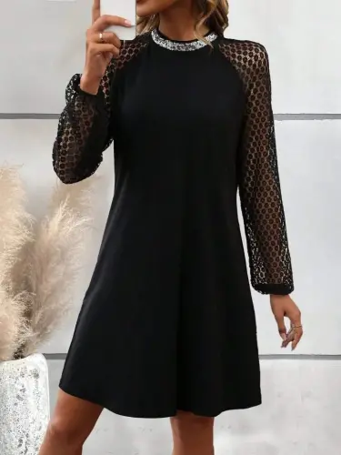 Women's Long Sleeve Mock Neck Sequin Detailed Lace Sleeve Mini Imported Crepe Dress - 4