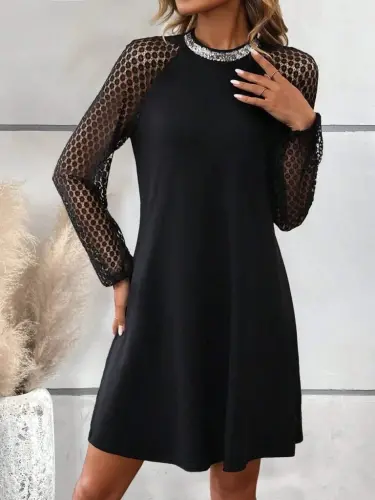 Women's Long Sleeve Mock Neck Sequin Detailed Lace Sleeve Mini Imported Crepe Dress - 5